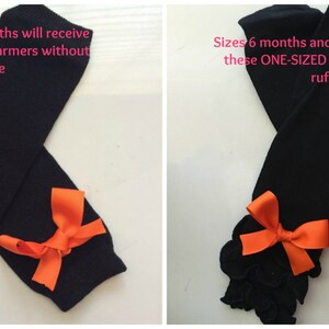 May include: Black leg warmers with orange bows. The leg warmers are available in two styles: small, without a ruffle, and one-size with a ruffle. The text in the image indicates the sizes available.