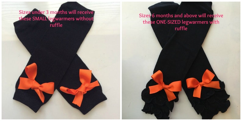 May include: Black leg warmers with orange bows. The leg warmers are available in two styles: small, without a ruffle, and one-size with a ruffle. The text in the image indicates the sizes available.