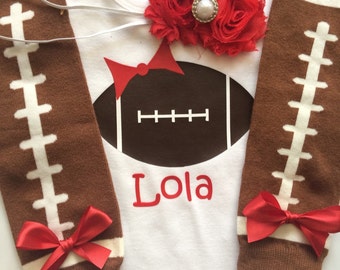Baby Girl Football Outfit - personalized baby girl outfit - football legwarmers - girly football outfit- RED