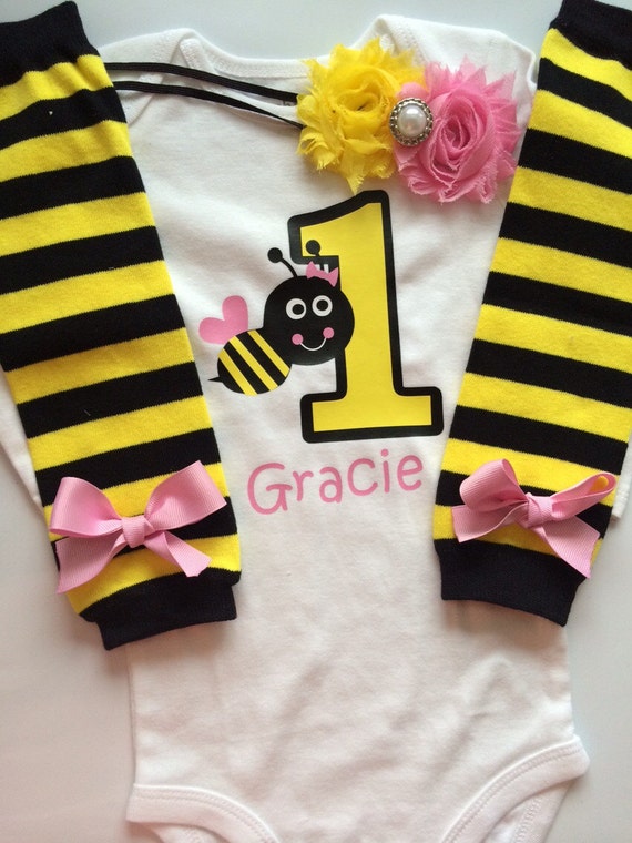 Baby Girl Outfit - bumble bee 1st birthday outfit - 1st bee day- bumble bee birthday party- bee leg warmers - bee shirt -