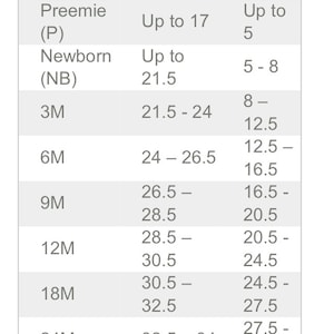 May include: Size chart from carters.com, listing baby clothing sizes. Includes Preemie, Newborn, 3M, 6M, 9M, 12M, 18M, and 24M. Height in inches and weight in pounds are listed for each size.