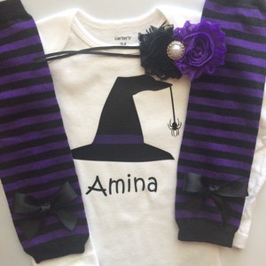 Baby Girl Halloween Outfit- personalized baby girl halloween outfit - baby halloween costume - witch baby costume - halloween leg warmers