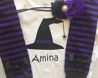 Baby Girl Halloween Outfit- personalized baby girl halloween outfit - baby halloween costume - witch baby costume - halloween leg warmers