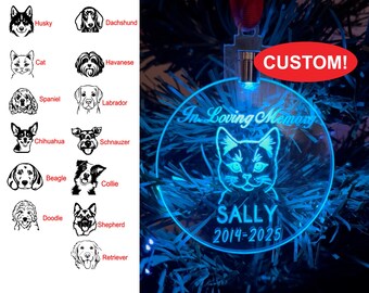 Personalized Custom Pet Dog Cat Memorial Ornament-Engraved Ornament- LED light up ornament- holiday ornament -In Memory Pet - Memorial Pet