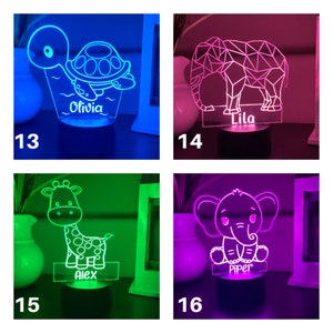 Puede incluir: Cuatro luces nocturnas LED iluminadas con formas de animales: una tortuga con el nombre "Olivia", un elefante con el nombre "Lila", una jirafa con el nombre "Alex" y un elefante con el nombre "Piper". Cada luz tiene una base y se ilumina en diferentes colores.