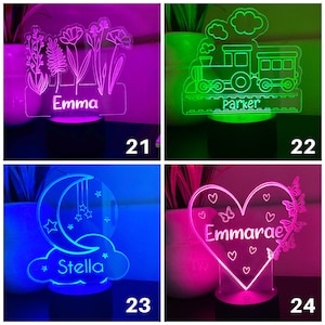 Puede incluir: Cuatro luces de noche acr&iacute;licas iluminadas con diferentes dise&ntilde;os. Una presenta flores con el nombre "Emma", otra un tren con "Parker", una tercera una luna y estrellas con "Stella", y la &uacute;ltima un coraz&oacute;n con mariposas y "Emmarae".