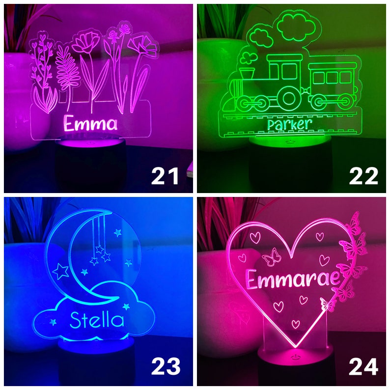 Puede incluir: Cuatro luces de noche acr&iacute;licas iluminadas con diferentes dise&ntilde;os. Una presenta flores con el nombre "Emma", otra un tren con "Parker", una tercera una luna y estrellas con "Stella", y la &uacute;ltima un coraz&oacute;n con mariposas y "Emmarae".