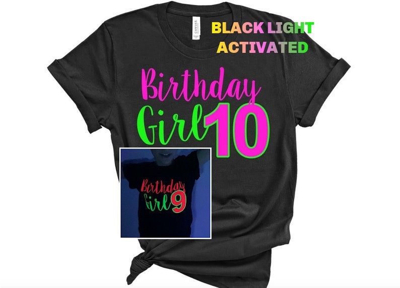 Girl's Neon Birthday Shirt BLACK LIGHT glow birthday Glow party Neon colored Birthday Tween Birthday Neon Party image 1