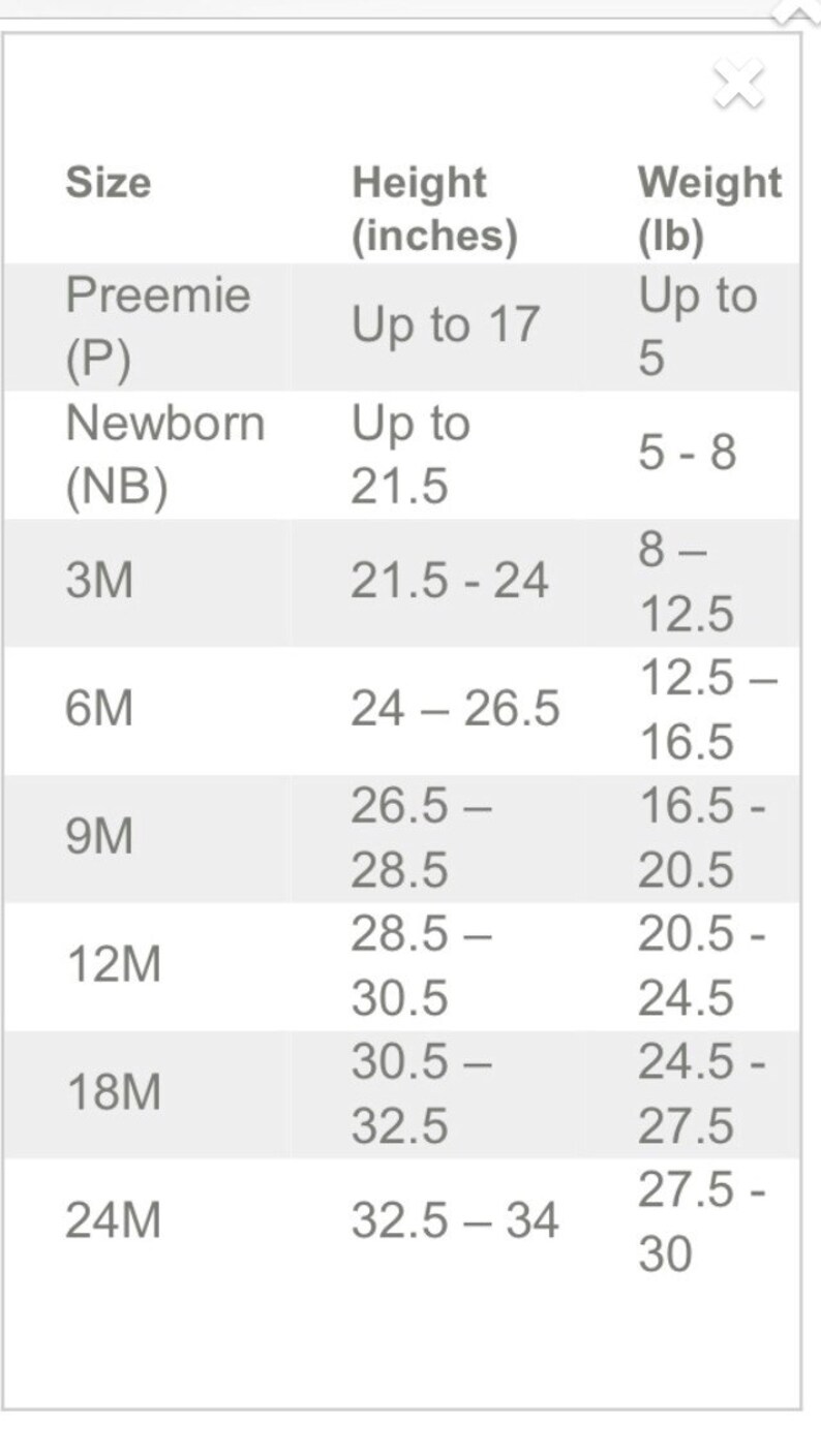 May include: A size chart for baby clothing, detailing height in inches and weight in pounds. Sizes range from preemie to 24 months, with corresponding measurements for each size.