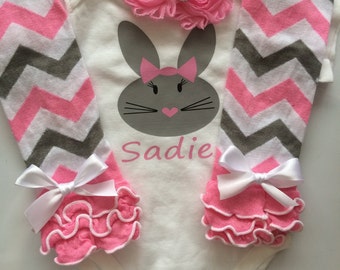 Baby Girl  Easter Outfit - personalized baby girl outfit - spring baby outfit - pink legwarmers - easter bunny bodysuit