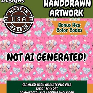 Hot Pink Pastel Birthday Balloons Seamless Pattern, Small, Hand-Drawn Digital Paper 300dpi PNG Instant Download for Scrapbooking, Textiles