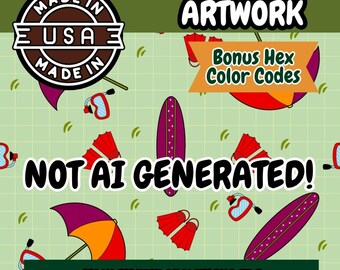 Beach Umbrella Surfboard Seamless Pattern: Green Background (PNG Digital Download)