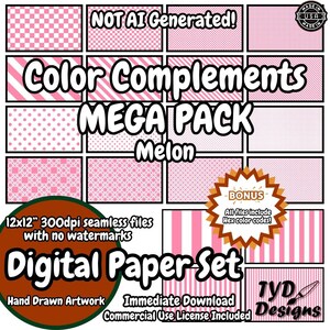 Pack de motifs sans couture melon, 20 points dessinés à la main, rayures, damier, 300 dpi PNG, téléchargement immédiat pour scrapbooking et impression textile