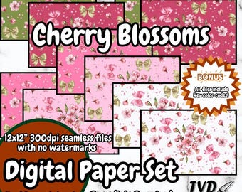 Cherry Blossoms Seamless Pattern: Hand-Drawn Digital Paper (PNG)
