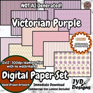 Pack de motifs sans couture violet victorien, 10 modèles vintage dessinés à la main, 300 dpi PNG, téléchargement immédiat pour scrapbooking et impression textile