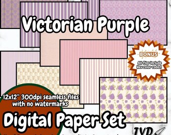 Victorian Purple Digital Paper Pack: Hand Drawn Seamless Patterns (Digital Download)