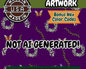 Purple Butterfly Eucalyptus Seamless Pattern: 300dpi PNG (Digital Download)