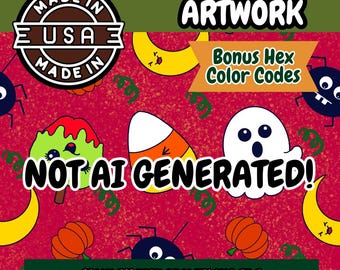 Kawaii Halloween Seamless Pattern: Spider, Ghost, Pumpkin (PNG Digital Download)