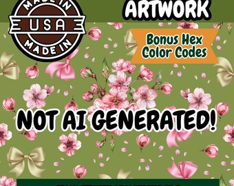 Cherry Blossoms Seamless Pattern: Green Background, Commercial Use (PNG Digital Download)