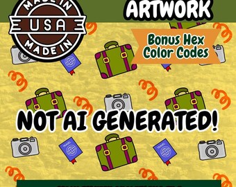 Travel Seamless Pattern: Passport, Camera, Suitcase (PNG Digital Download)