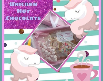 Unicorn hot chocolate box letterbox gift, Easter basket filler, Card Alternative, kids party favour, hot chocolate making kit