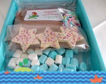 Mermaid hot chocolate gif box, letterbox gift, hot chocolate set in a sky blue box, Easter basket filler