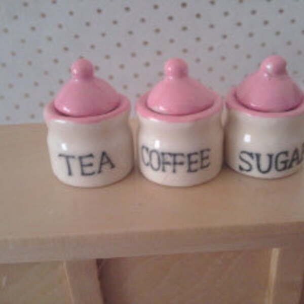 cream  pink canisters for dolls house kitchen 1 12th scale miniature