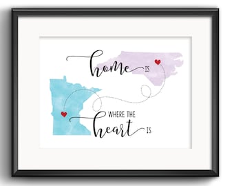 Regalo de despedida, Regalo de mudanza, El hogar es donde está el corazón, Relación a distancia, Regalo para mejor amiga, Regalo para hermanas, Impresión de dos estados