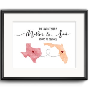L’amour entre une mère ne connaît pas l’impression à distance, cadeau de fête des mères de fils, cadeaux longue distance mère et fils, cadeau de Noël pour maman