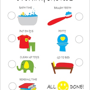 Op de afbeelding: Een afdrukbare checklist voor kinderen met illustraties van een badkuip, een tandenborstel, pyjama's, een toilet, een olifant, een bed en boeken. De checklist heeft vinkjes naast elk item en staat bovenaan "Avondtaken" en onderaan "Alles gedaan!"