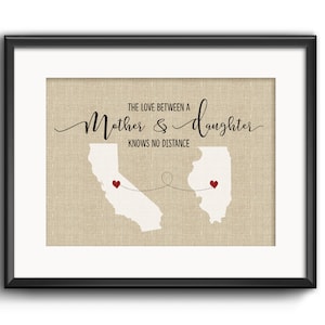 L'amour entre une mère et sa fille ne connaît pas de distance, cadeau de fête des mères, cadeau de famille interurbain personnalisé, impression personnalisée sur toile de jute