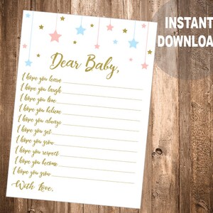 Lieve Baby, Baby douche spel, Boy Girl wensen Baby afdrukbare, Baby douche wensen Card, goud roze blauw roze sterren Confetti Baby douche spel