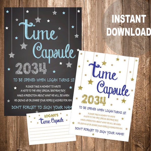 Time capsule first birthday sign, twinkle twinkle little star birthday party, Blue, Pink, Blue, gold and silver first birthday, printable