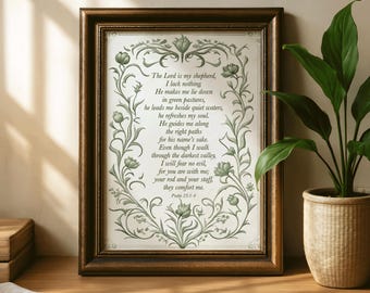 Psalm 23 The Lord is My Shepherd Bible Verse Wall Art Print, Christian Psalm Print, Vintage Floral Scripture Printable, Baptism Gift Nursery
