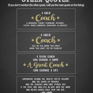 May include: A chalkboard-style graphic featuring the text OTHER QUOTES: followed by four rectangular boxes containing inspirational quotes about coaching in gold and white lettering, including phrases like A Great Coach and a quote by Mia Hamm.
