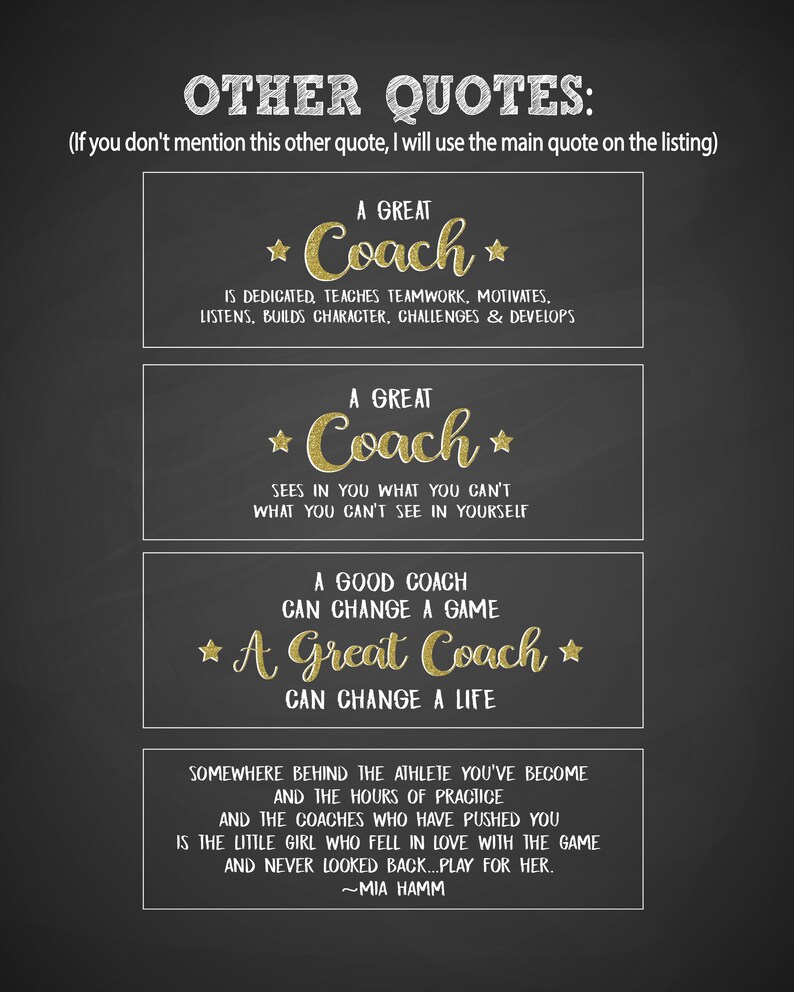 May include: A chalkboard-style graphic featuring the text OTHER QUOTES: followed by four rectangular boxes containing inspirational quotes about coaching in gold and white lettering, including phrases like A Great Coach and a quote by Mia Hamm.