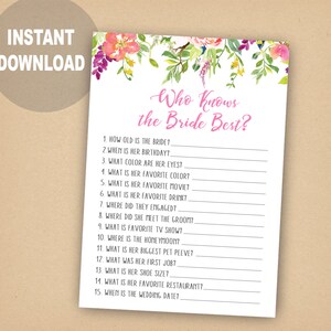 Who knows the Bride best, how well do you know the bride game, bridal quiz, Watercolor Flower Bridal Shower, Party Game, Wedding