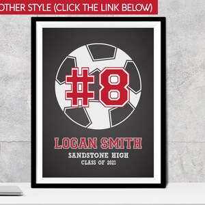 May include: Black and white soccer ball with the number 8 in red on a black background. The text "LOGAN SMITH", "SANDSTONE HIGH", and "CLASS OF 2021" is below the ball.