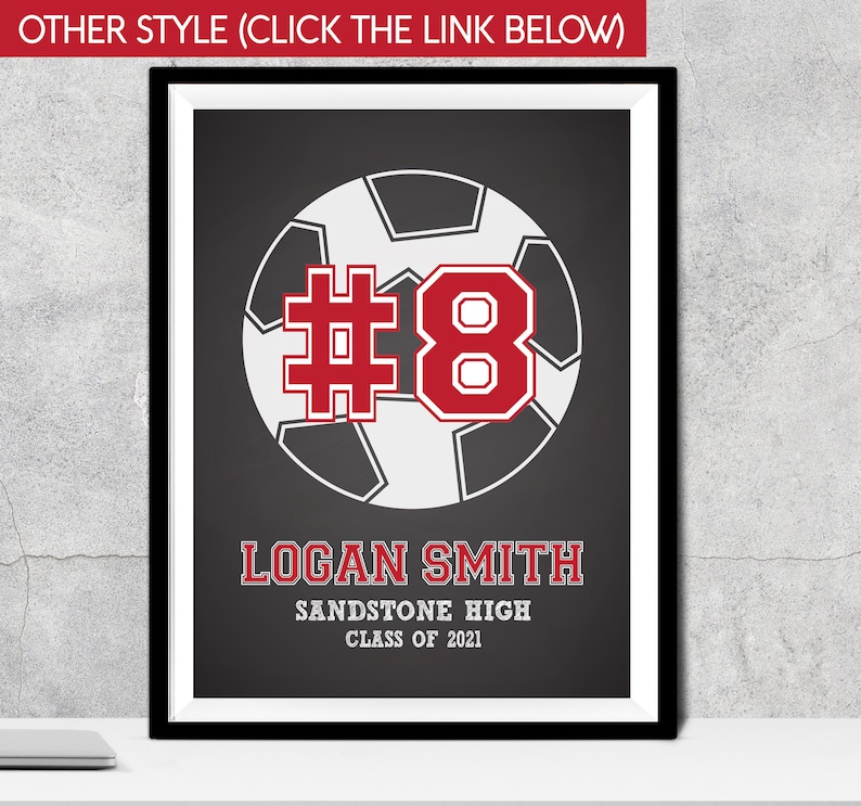 May include: Black and white soccer ball with the number 8 in red on a black background. The text "LOGAN SMITH", "SANDSTONE HIGH", and "CLASS OF 2021" is below the ball.