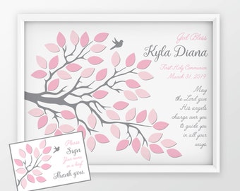 May include: A pink and gray tree with leaves for guests to sign their names on. The text reads "God Bless Kyla Diana First Holy Communion March 31, 2019 May the Lord give His angels charge over you to guide you in all your ways."