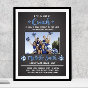 May include: A framed print on a dark gray background featuring a photo of cheerleaders. Text reads: A TRULY GREAT Coach IS HARD TO FIND, DIFFICULT TO PART WITH, AND IMPOSSIBLE TO FORGET. Michelle Smith, SANDSTONE HIGH 2020, and a list of names.