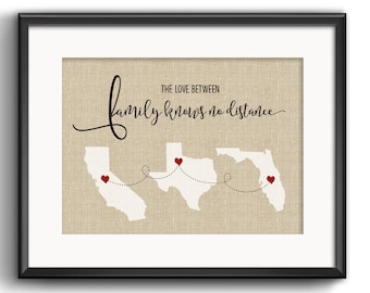 El amor entre la familia no conoce distancias, regalo familiar a larga distancia, mapa de los estados de EE. UU., regalos del estado de origen, regalo de Navidad para padres