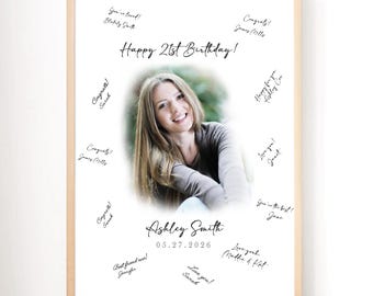 May include: A framed photo print with a woman's portrait, surrounded by handwritten messages and signatures. The text "Happy 21st Birthday!" is centered above the photo, with the name "Ashley Smith" and the date "05.27.2026" below.