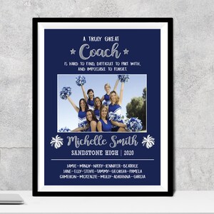 May include: Framed navy blue print with the text "A Truly Great Coach" and a photo of a cheerleading squad. The print includes the coach's name, school, and year, along with a list of names.