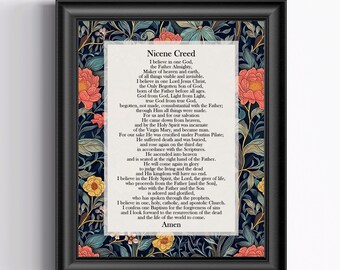 May include: Framed print featuring the Nicene Creed text, set against a floral pattern background. The black frame surrounds the text, which is centered on a cream-colored background. The floral design includes red, yellow, and blue flowers.