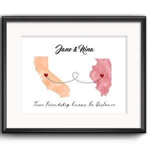 True Friendship Knows No Distance, Long Distance Friends, Long Distance Relationship Two States Map Gift, Best Friends No Matter Distance