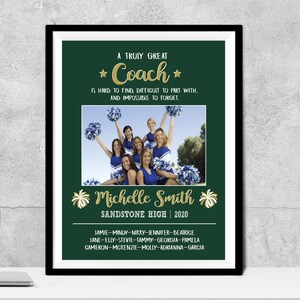 May include: Framed print with a green background and the text "A Truly Great Coach." Includes a photo of a cheerleading squad in blue and white uniforms. The print is personalized with a name, school, and year, along with a list of names.