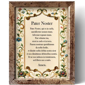 Può includere: Una stampa incorniciata con il testo latino del Padre Nostro, "Pater Noster". Il testo è centrato su uno sfondo color crema, circondato da un'ornata cornice dorata e abbellimenti floreali blu, rossi e gialli. La cornice è in legno.