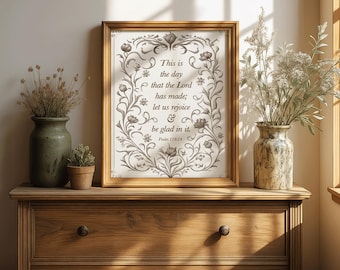 Este es el día que el Señor ha hecho Arte de pared vintage, Salmo 118 Escritura, Impresión de versículo bíblico, Hogar cristiano rústico neutro floral vintage