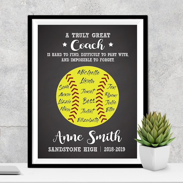 Personalized Softball Coach Gift, Custom Softball Player Art, A truly great coach is hard to find, Softball Team Players Signatures Poster